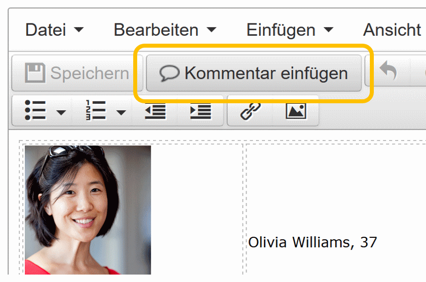 Kommentar einfügen: Mittels Knopf in der Werkzeugleiste.