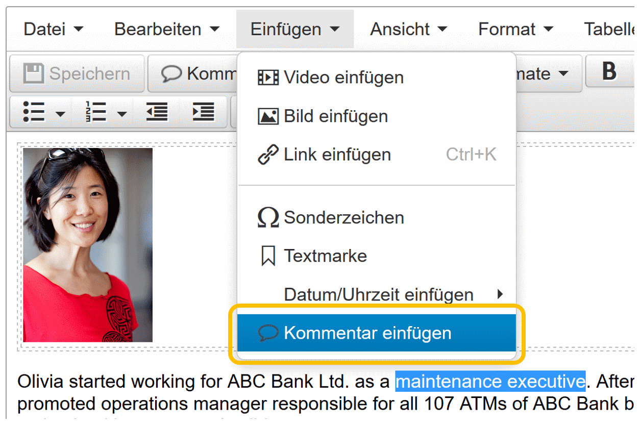 Kommentar einfügen: Mittels Eintrag im Menu 'Einfügen'.