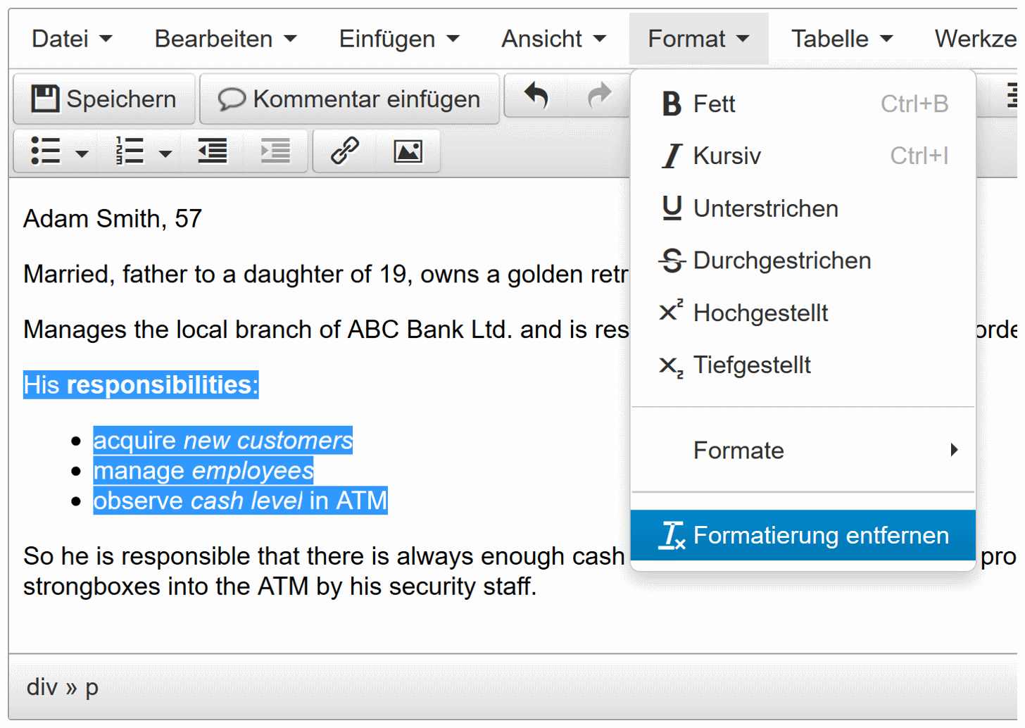 Bestehende Formatierungen entfernen.