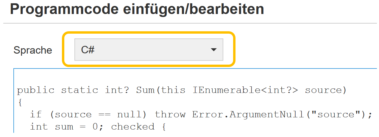 Sprache auswählen, damit das Syntax Highlighting richtig funktioniert.